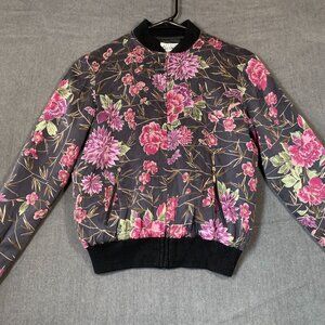Allison Taylor Petite Floral Bomber Jacket With Ribbed Trim & Front Zip Womens S
